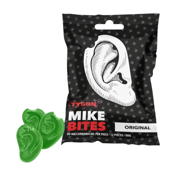 Mike Bites Original gumicukor fekete tasakban, zöld fül formájú gumicukrokkal