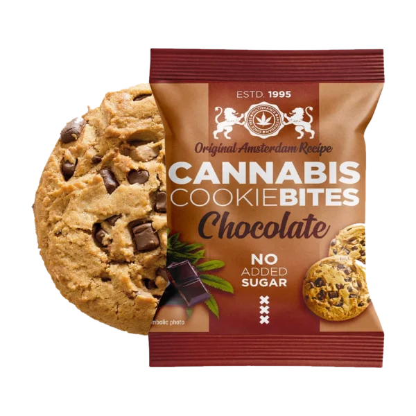 Cannabis Cookie Bites Chocolate keksz csomagolása és a keksz
