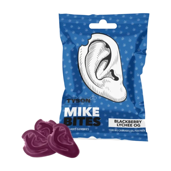 Mike Bites áfonyás gumicukor kék tasakban, sötétlila fül formájú gumicukrokkal