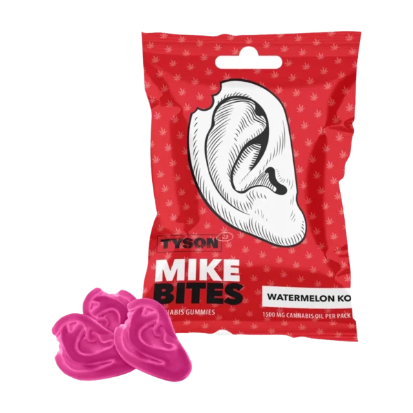 Mike Bites görögdinnyés gumicukor piros tasakban, rózsaszín fül formájú gumicukrokkal