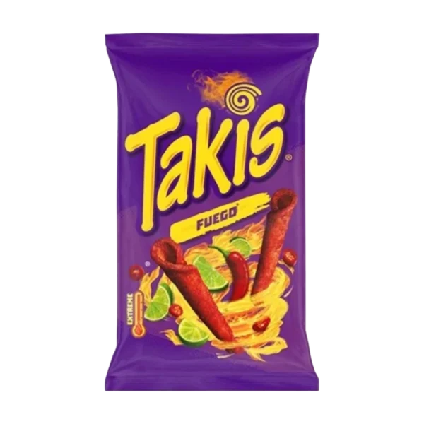 Takis Fuego chilis-limés feltekert tortilla snack tasakja